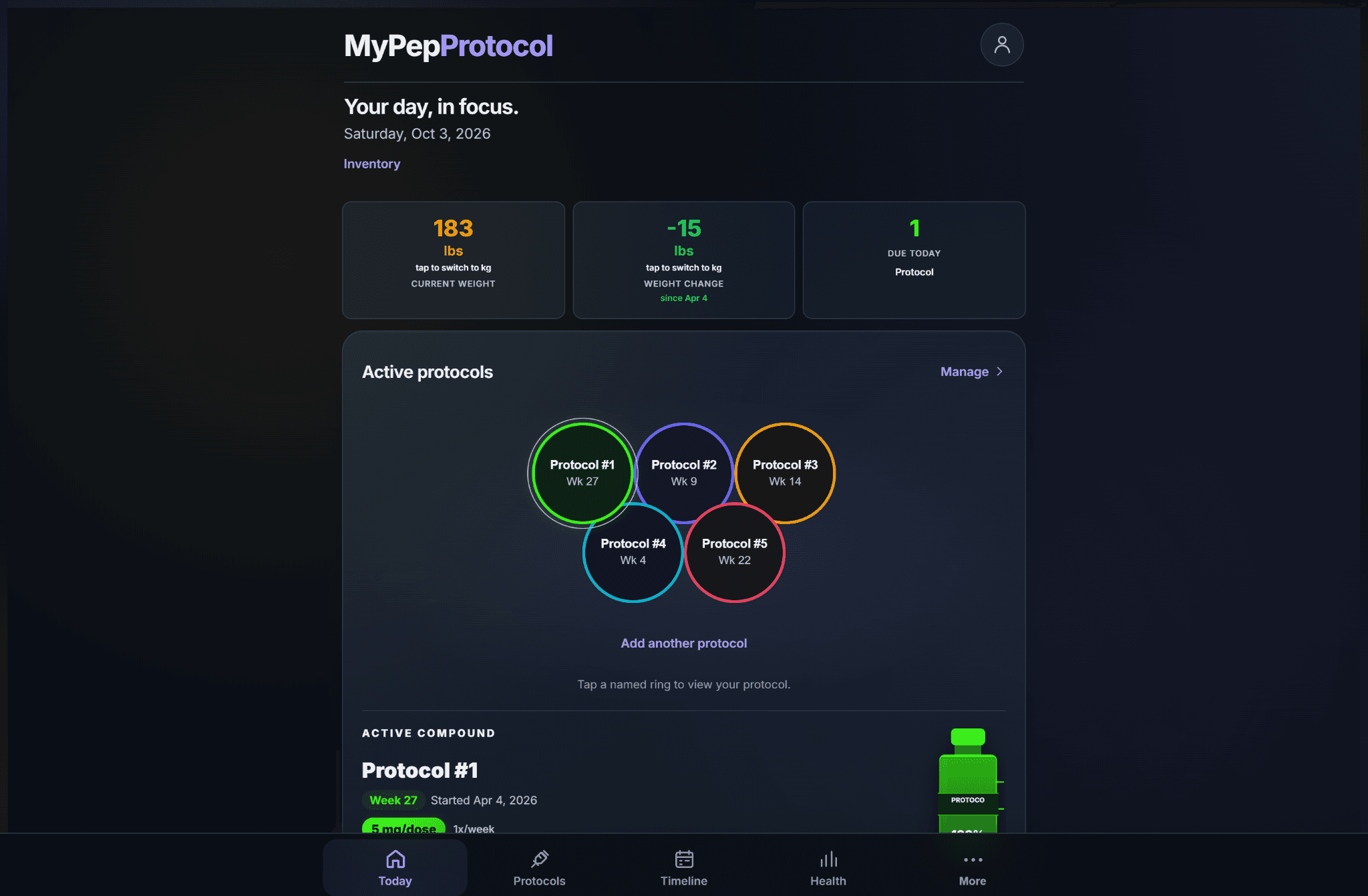 MyPepProtocol Today view showing demo summary metrics and active protocol records.
