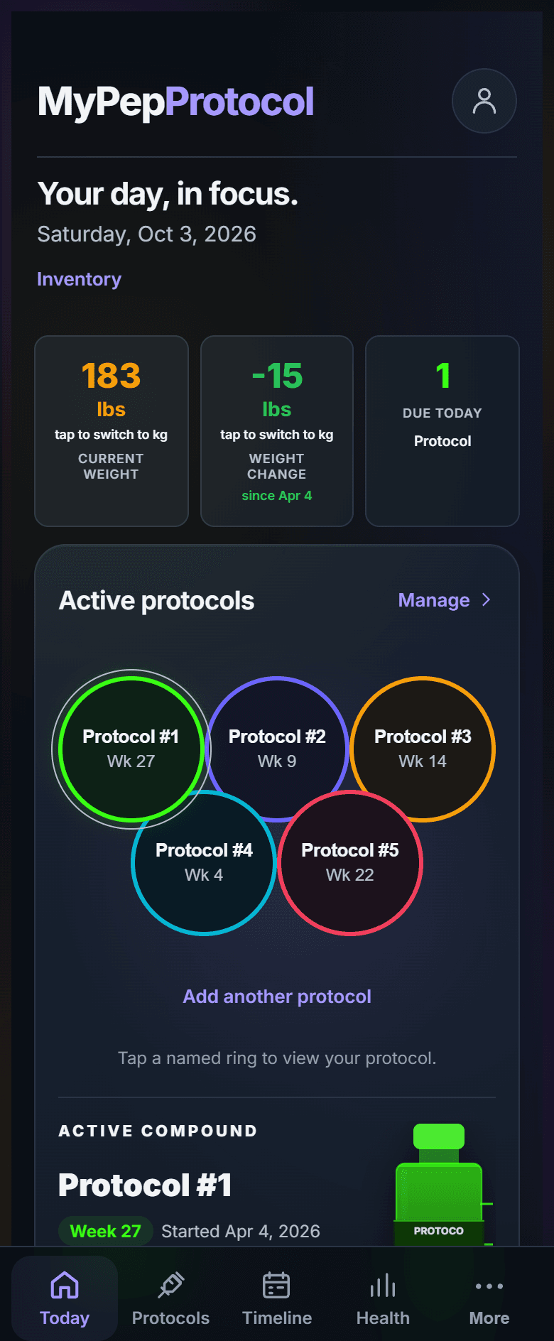 MyPepProtocol mobile Today view showing demo summary metrics and active protocols.